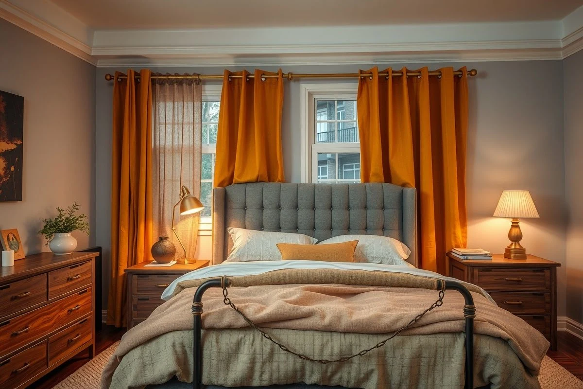 Dormitorio con maderas cálidas, cortinas mostaza y luz ambiental dorada