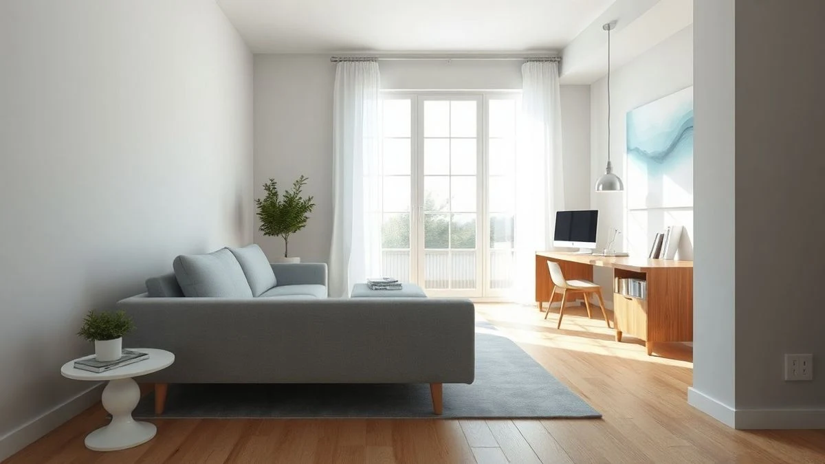 Salón despacho con sofá gris neutro y zona de trabajo integrada