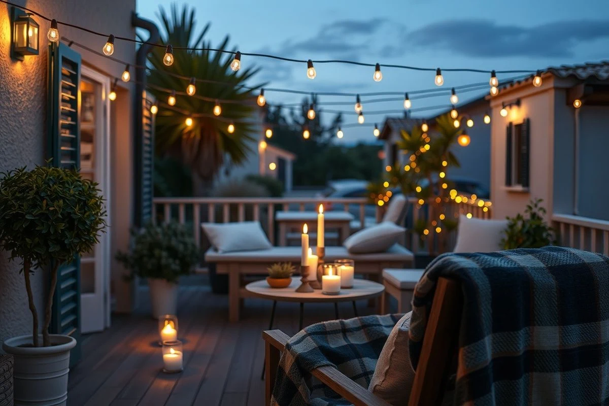 Small terrace at dusk with warm string lights and cozy ambiance