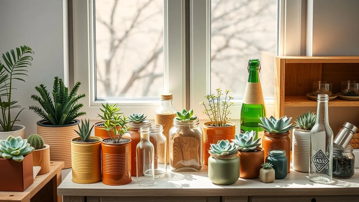 Variedad de macetas recicladas pintadas y decoradas con plantas pequeñas