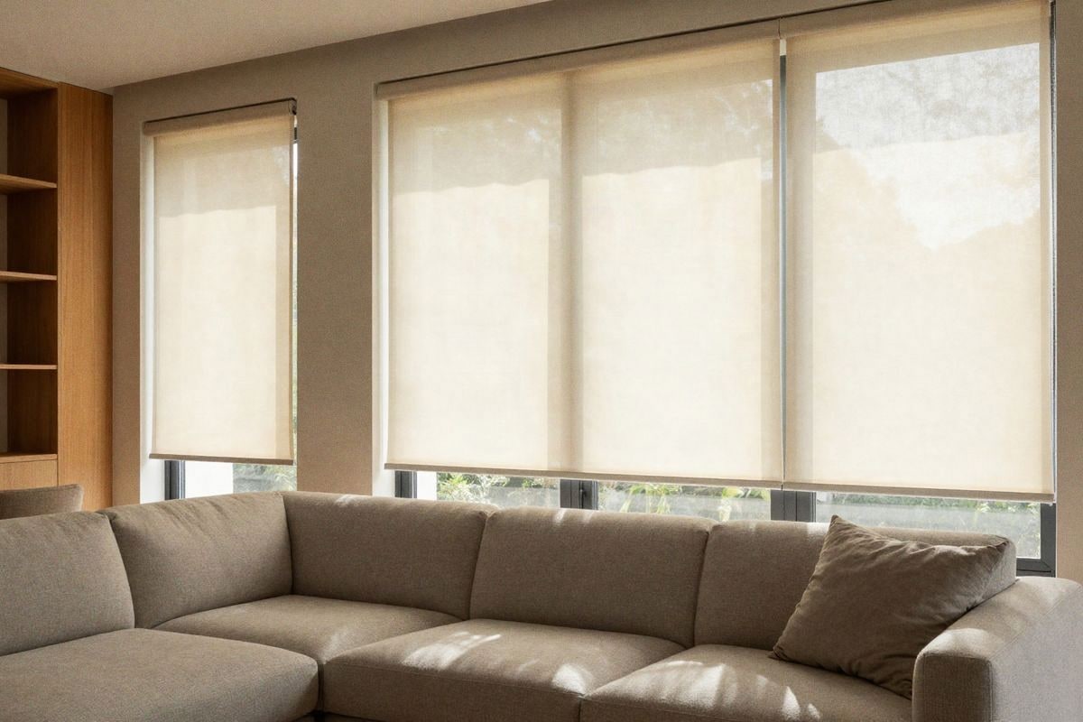 Illustrative image: bright living room with motorized blind filtering sunlight