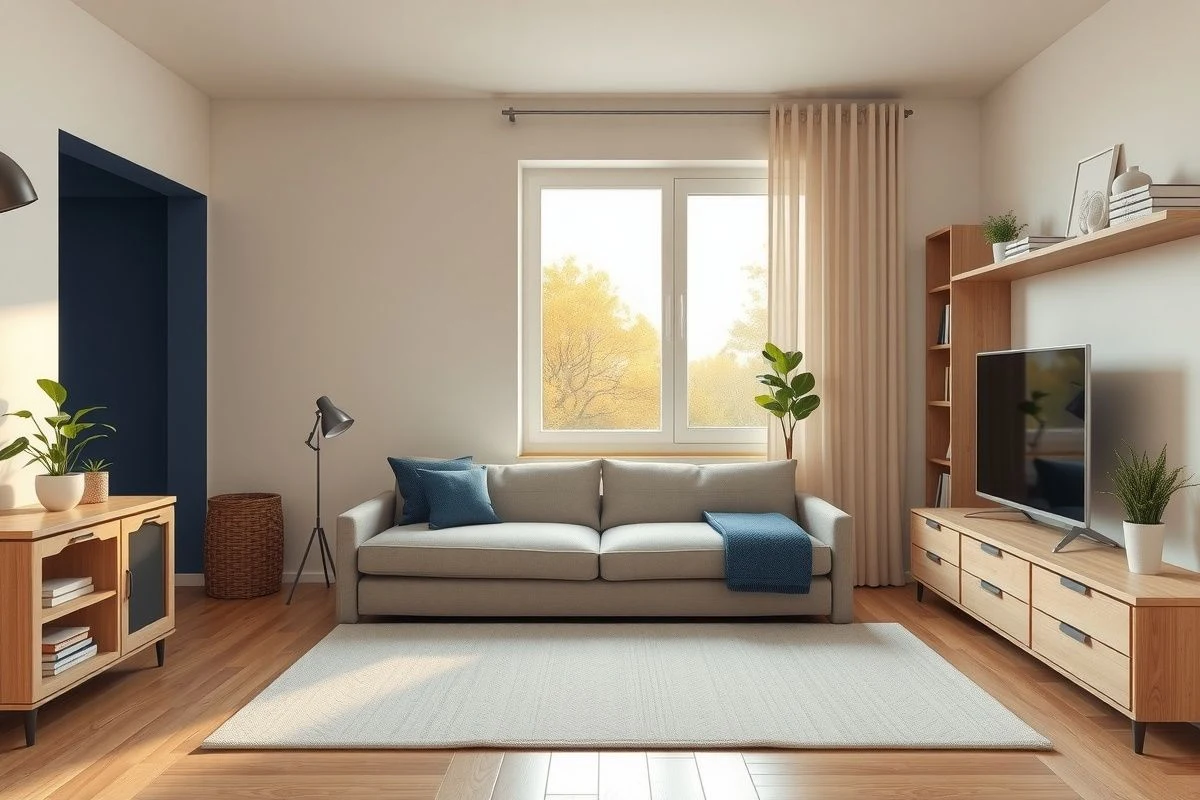 Modern studio with neutral palette, blue accent, and multifunctional furniture
