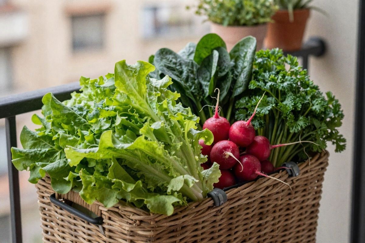 Imagen ilustrativa: cesta de verduras frescas cosechadas del huerto de balcón