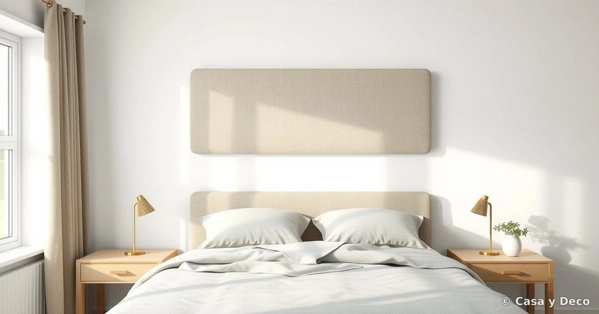 Dormitorio con cabecero tapizado en lino beige, simple y elegante