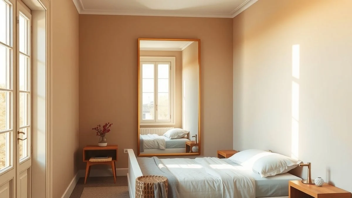 Small bedroom with large mirror reflecting natural light