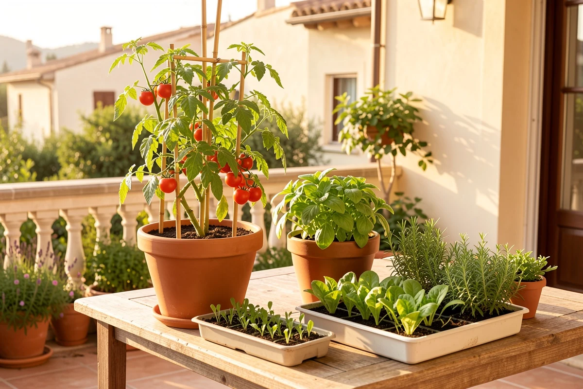 Composición de plantas fáciles: tomates cherry, albahaca, lechuga en terraza ordenada