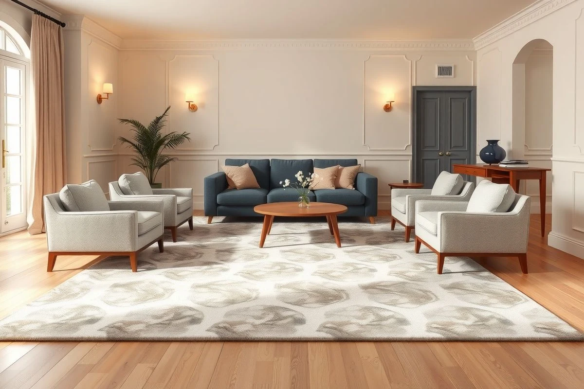 Imagen ilustrativa: alfombra con patrón sutil en salón moderno
