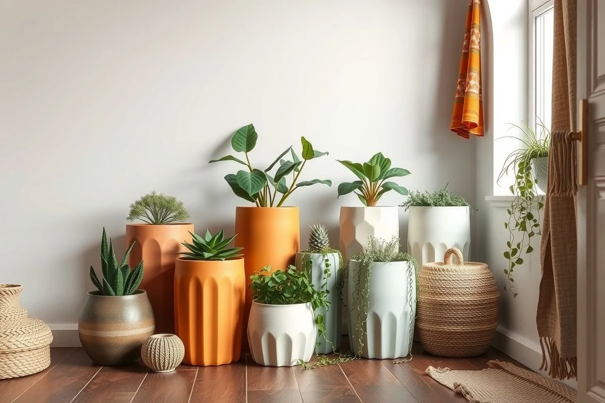 Rincón bohemio con macetas recicladas en colores variados y plantas de diferentes tamaños