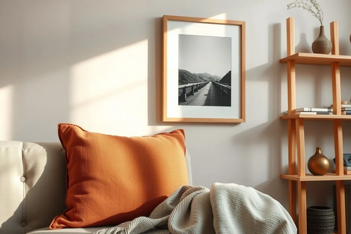 Carefully chosen décor details: framed art, patterned cushion, character elements
