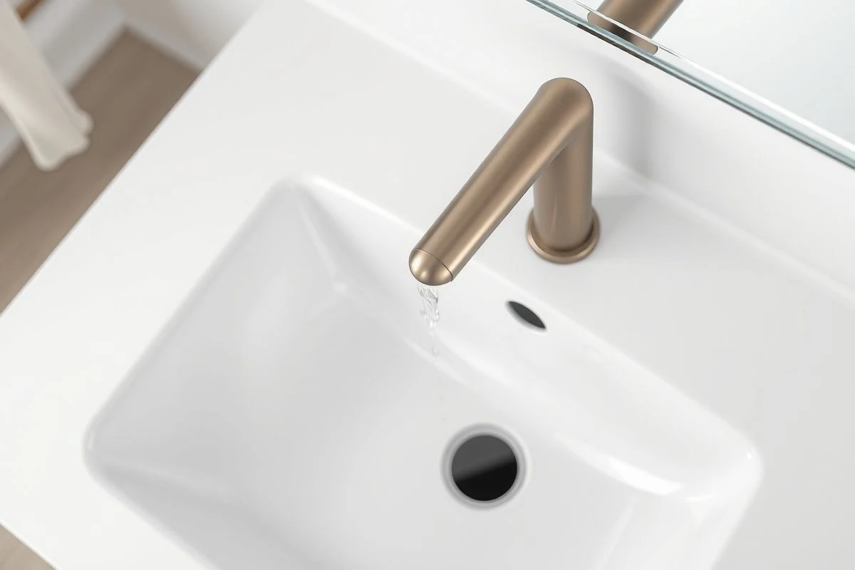 Grifo de acero inoxidable mate con buen flujo de agua en lavamanos neutral
