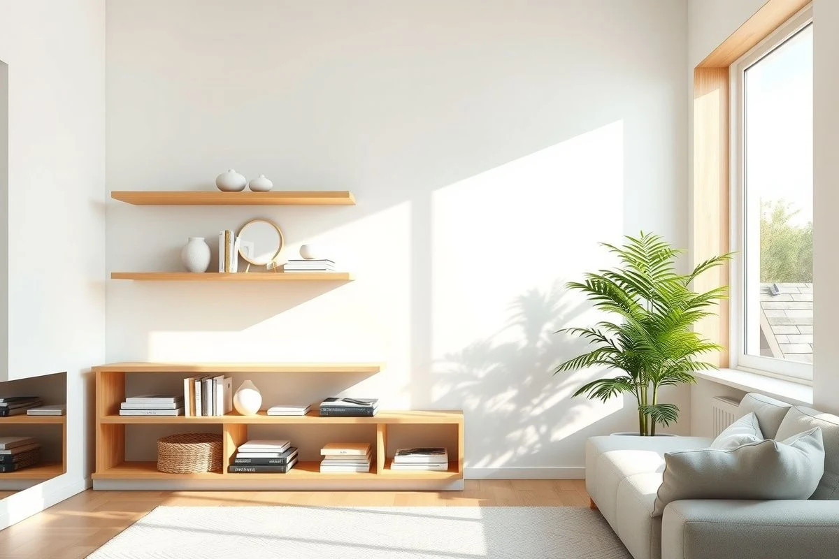 Imagen ilustrativa: luz natural iluminando estanterías nórdicas con objetos cuidados.