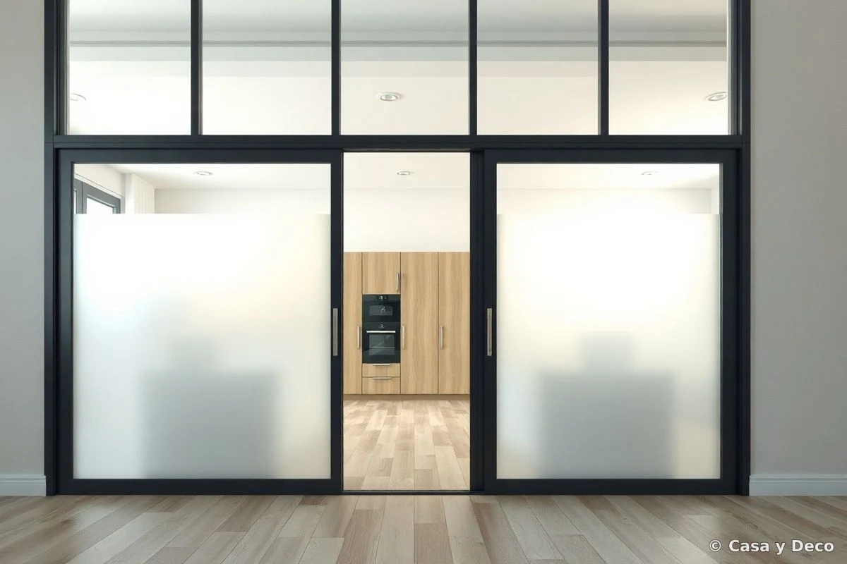 Puerta corredera de vidrio entre cocina y salón.