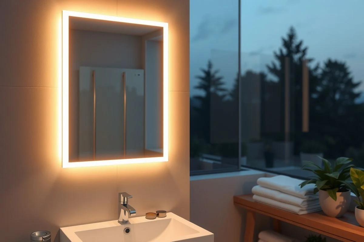 Warm and cozy bathroom illuminated by warm LED mirror lighting