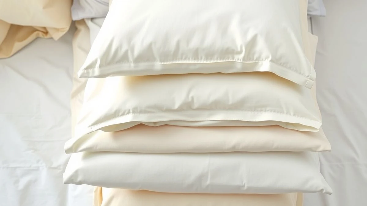 Sábanas y fundas de almohada perfectamente dobladas en diferentes tonos neutros.