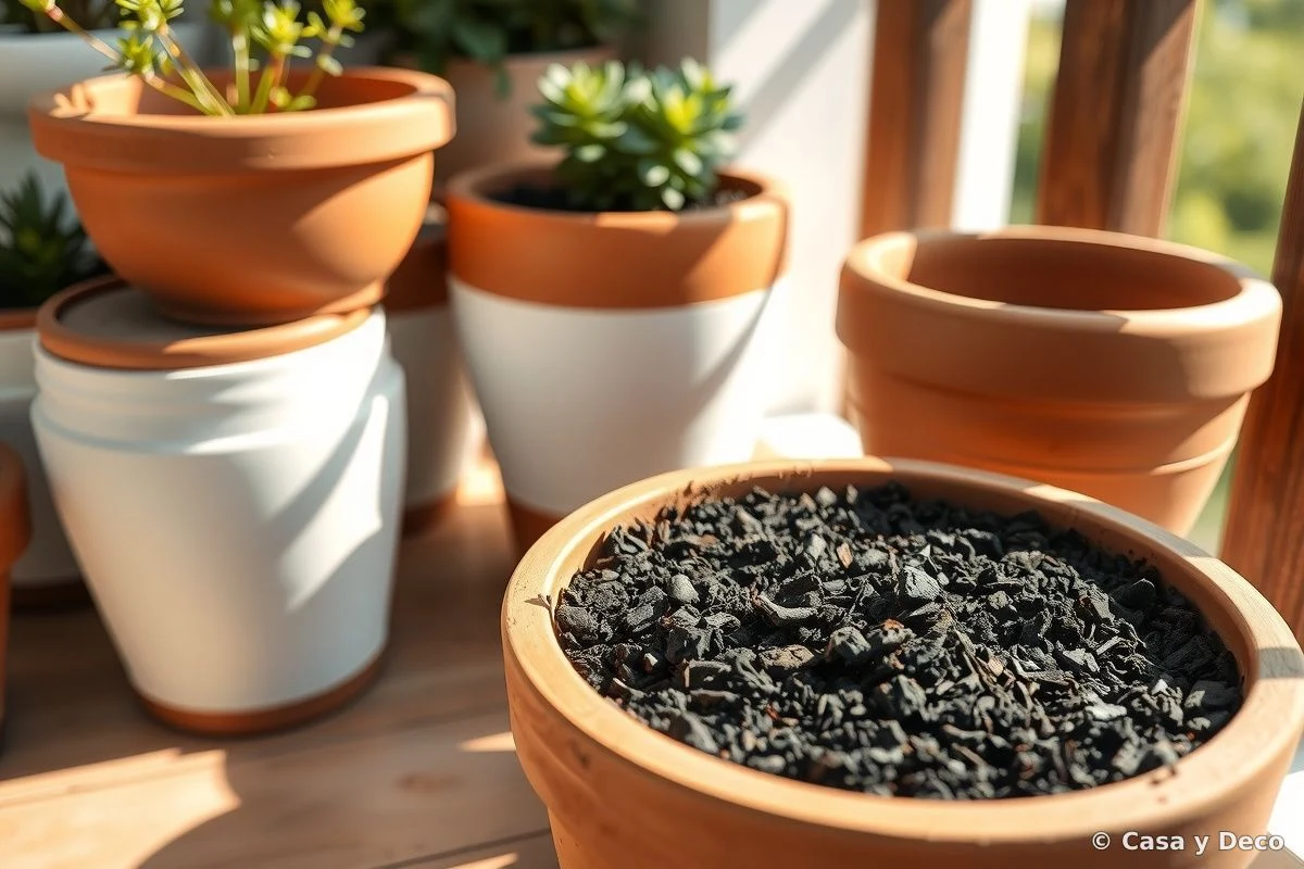 Large ceramic pots with substrate and mulch on sunny terrace