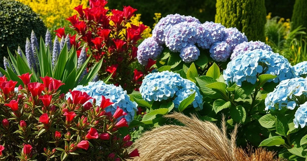 Garden with colourful shrubs in different seasons