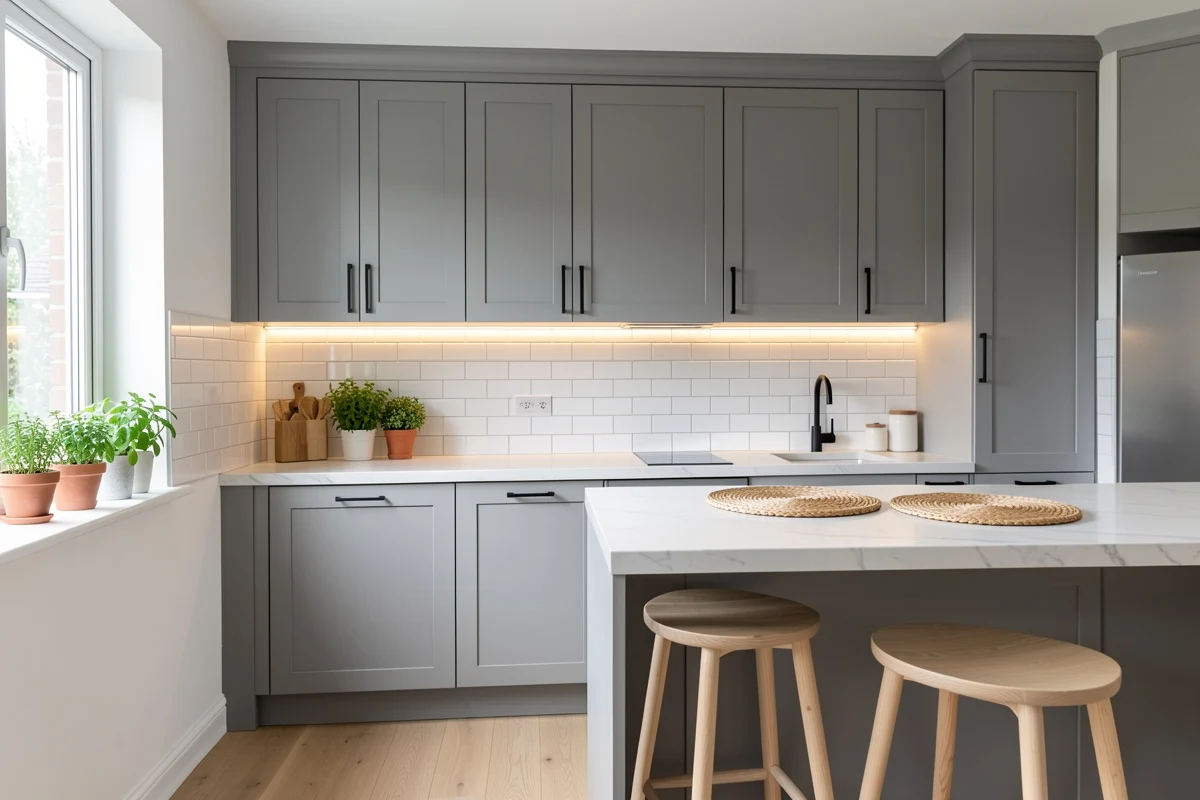 Renovated kitchen with gray cabinets, warm lighting and coordinated accessories