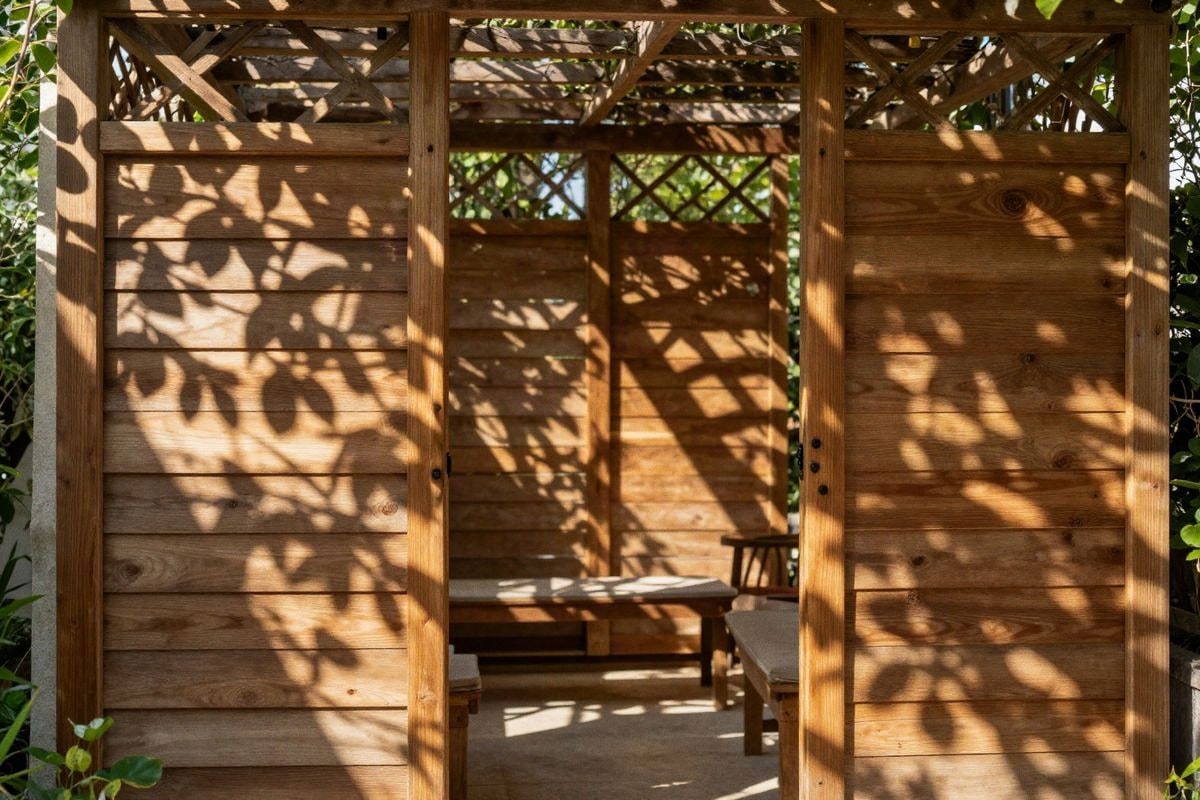 Imagen ilustrativa: Paneles de celosía en madera con luz tamizada creando sombras geométricas en un jardín