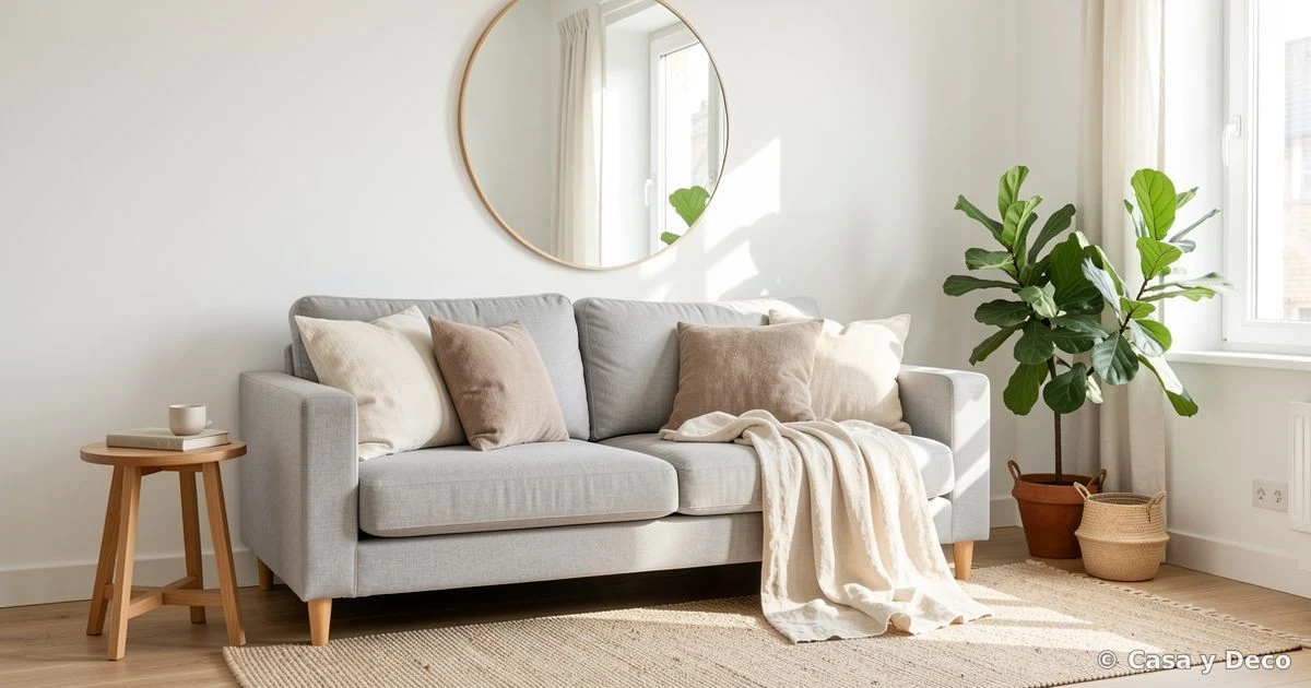 Salón minimalista con sofá gris, cojines y plantas naturales
