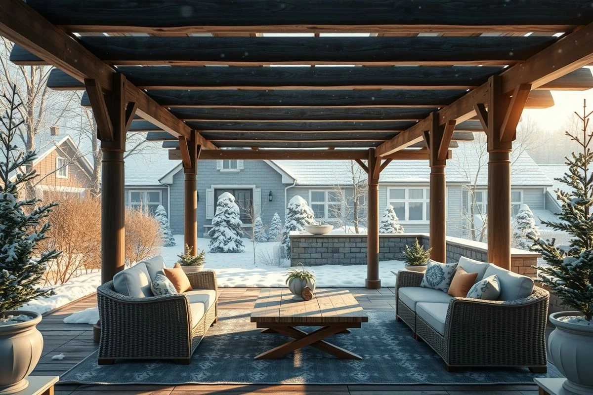 Imagen ilustrativa: terraza con pérgola como protección para muebles en invierno