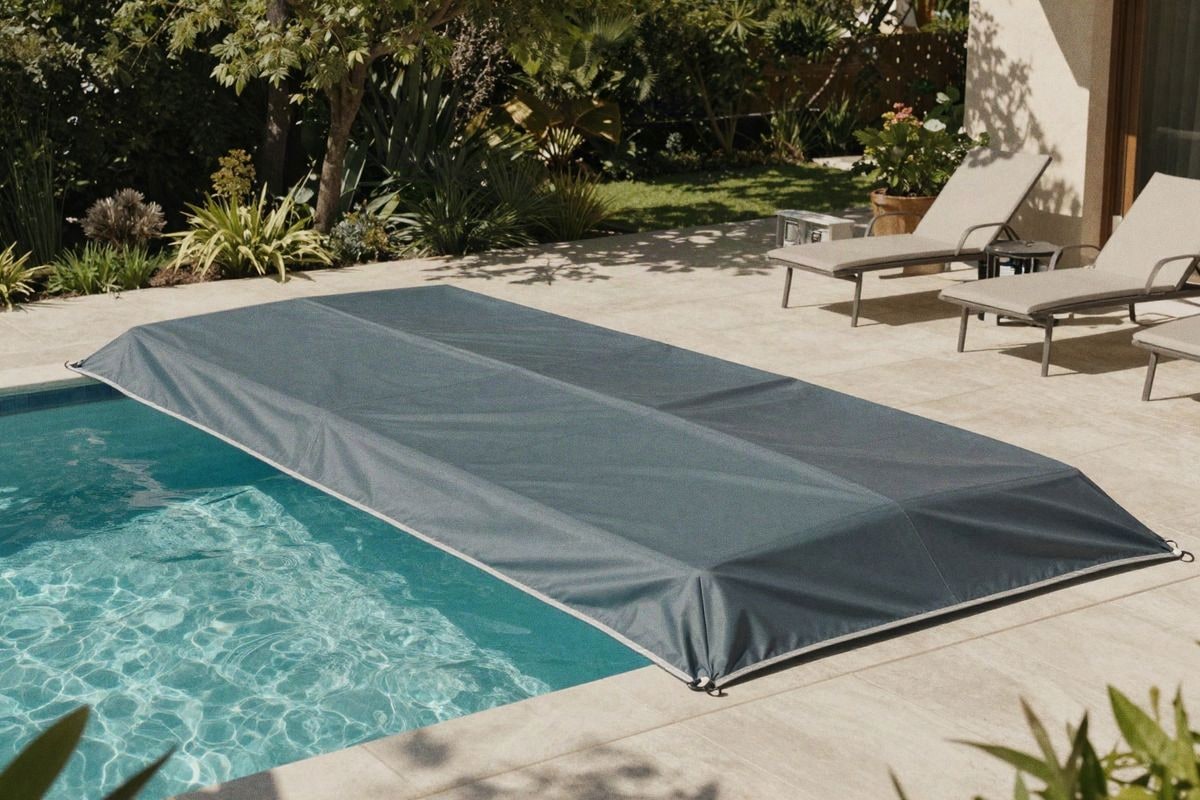 Imagen ilustrativa: piscina desmontable con lona de protección y sistema de filtración visible.