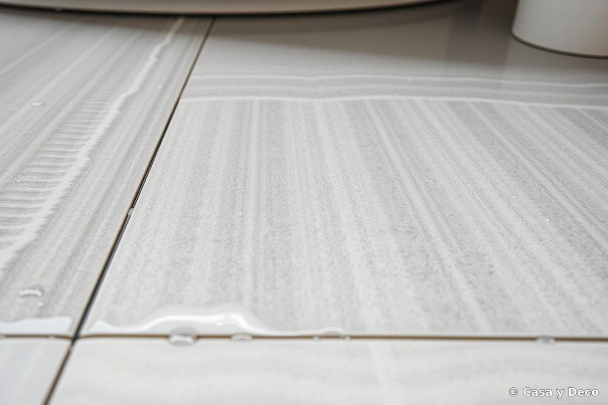 Detalle de cerámica antideslizante texturizada en gris claro para ducha