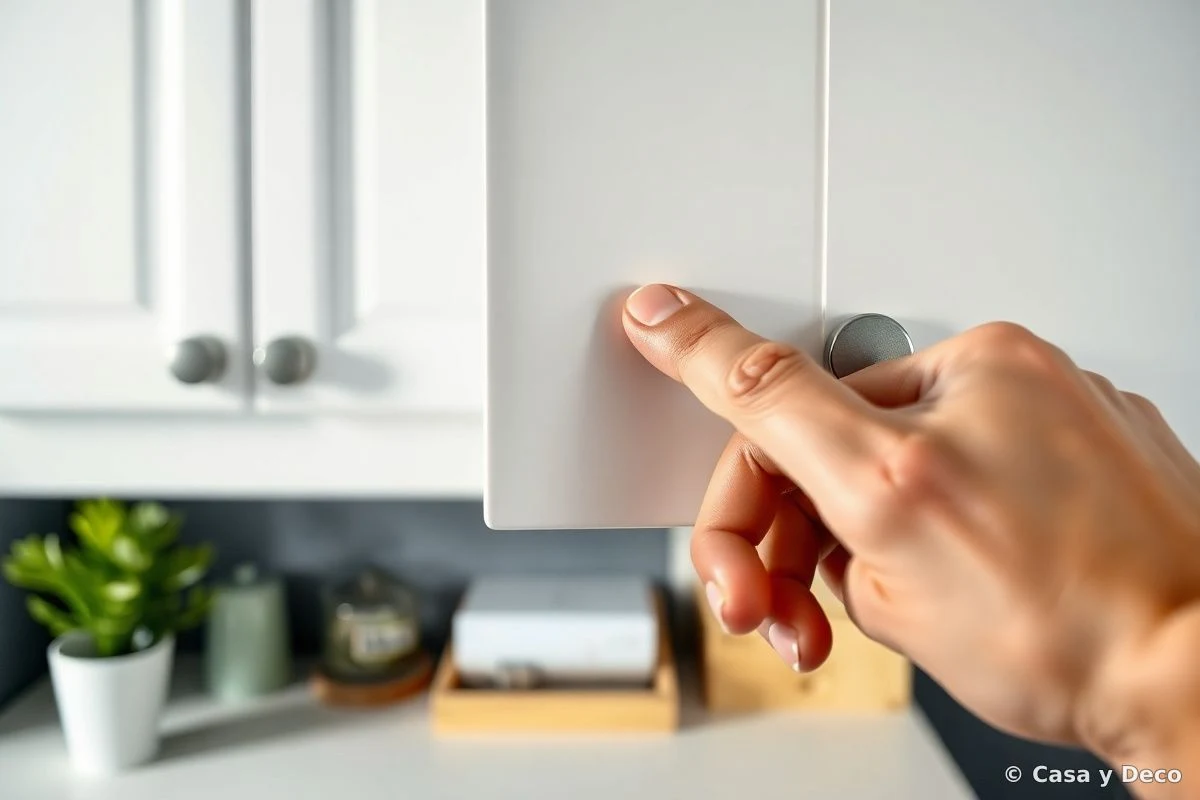 Detail of pressure-opening mechanism in modern kitchen cabinet.