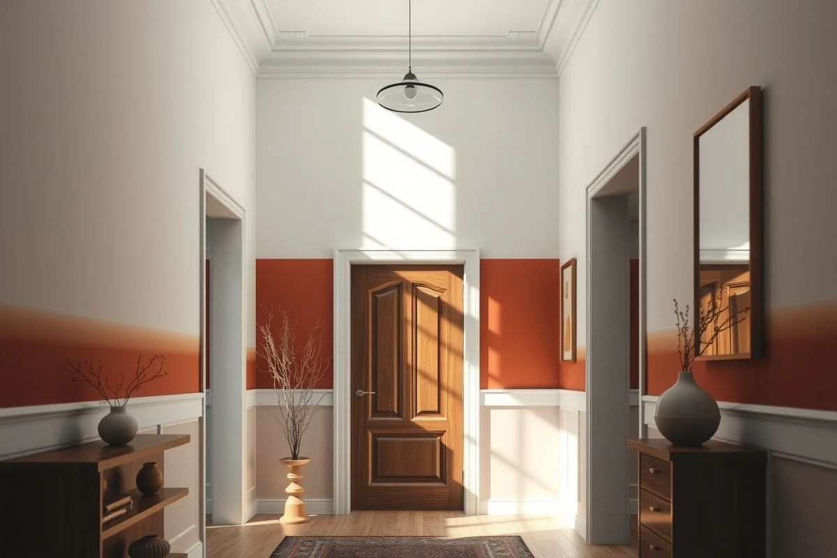 Entryway with two-tone walls: terracotta below and white above