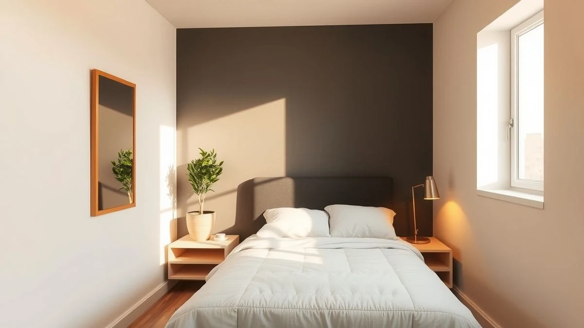 Small bedroom with a dark headboard wall and light walls