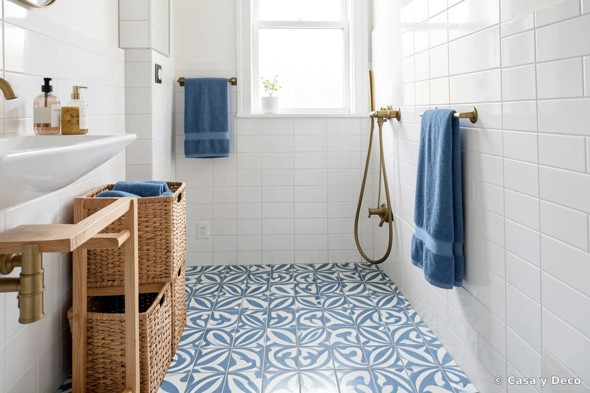 Baño con paleta cromática coordinada entre hidráulicos, accesorios y textiles
