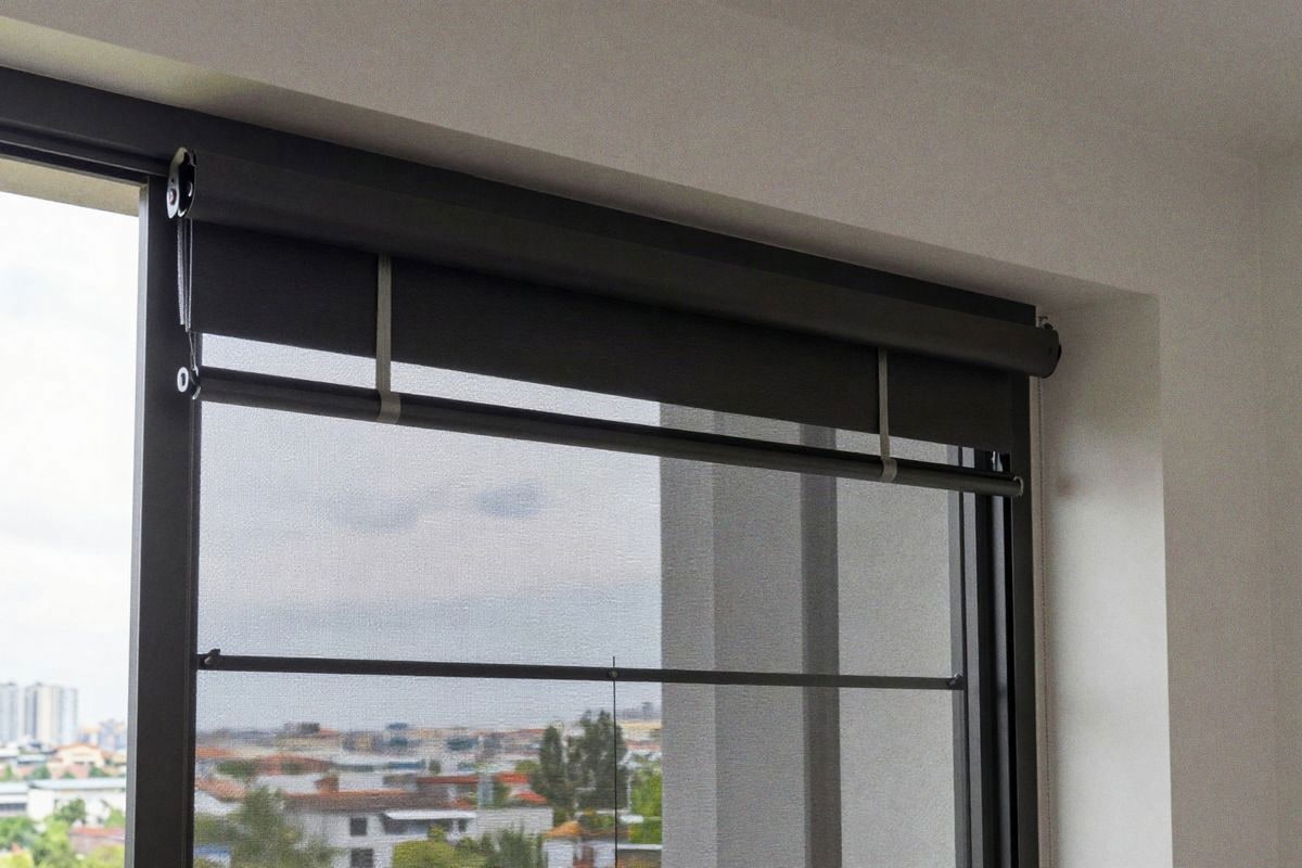 Imagen ilustrativa: puerta de terraza con mosquitera enrollable y vistas al exterior