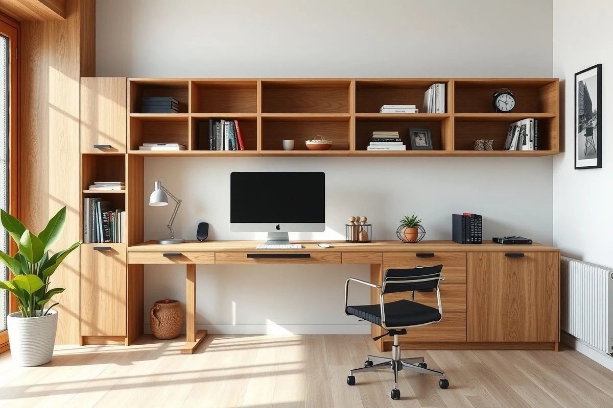 Escritorio con estanterías integradas en dormitorio pequeño