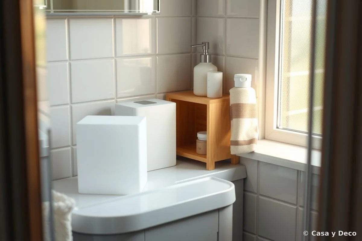 Discrete silica gel dehumidifiers on bathroom shelf