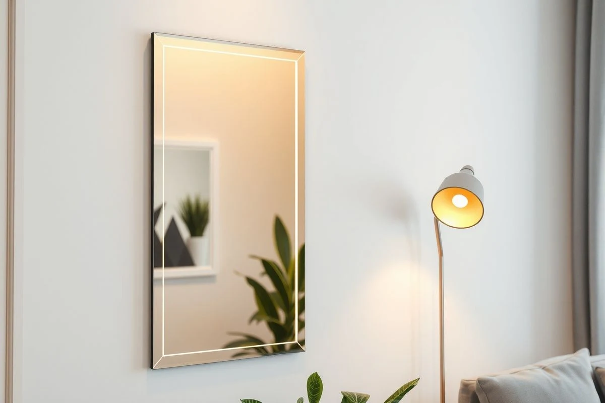 Frameless mirror with warm lighting reflecting cozy space