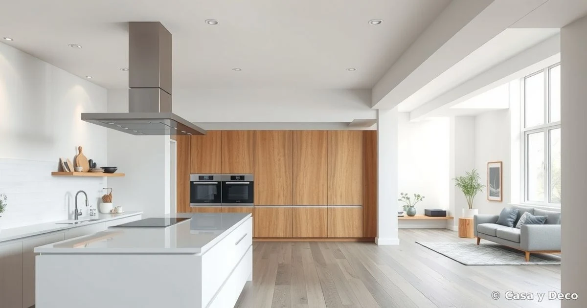 Cocina abierta moderna conectada con salón luminoso.