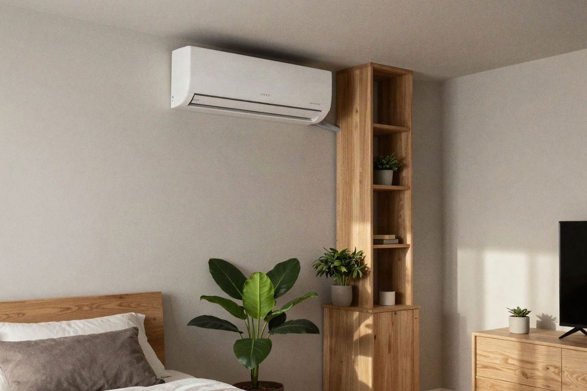 Illustrative image: small bedroom with split concealed by plants