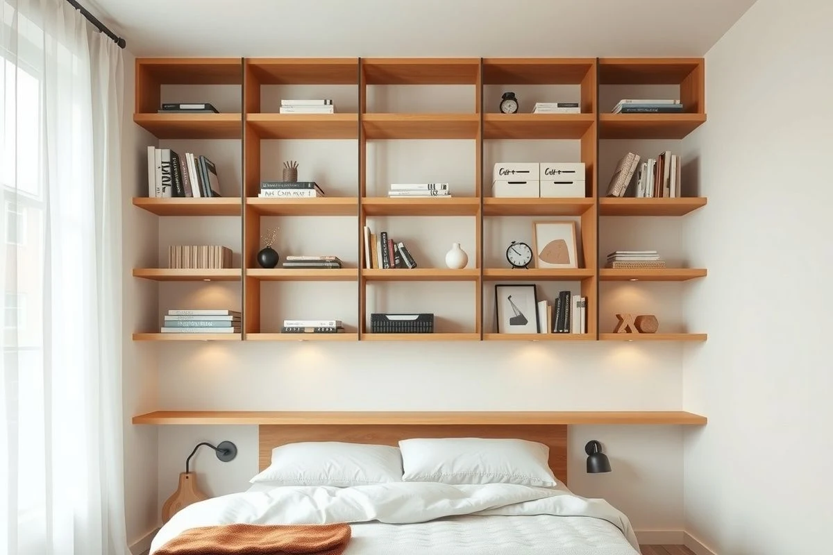 Tall floating shelving unit in small bedroom maximizing storage efficiently