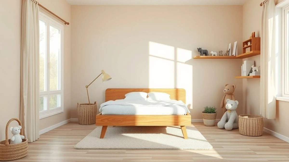 Imagen ilustrativa: dormitorio infantil con paredes neutras, cama de madera y decoración minimalista