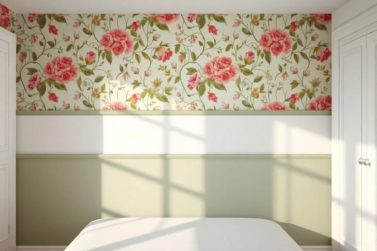 Pared con papel pintado floral hasta media altura y zócalo pintado en color complementario