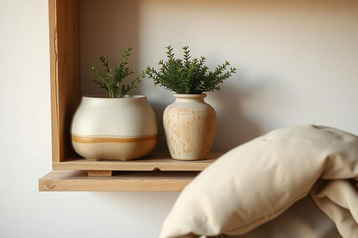 Wabi Sabi composition: ceramics, linen, and plants