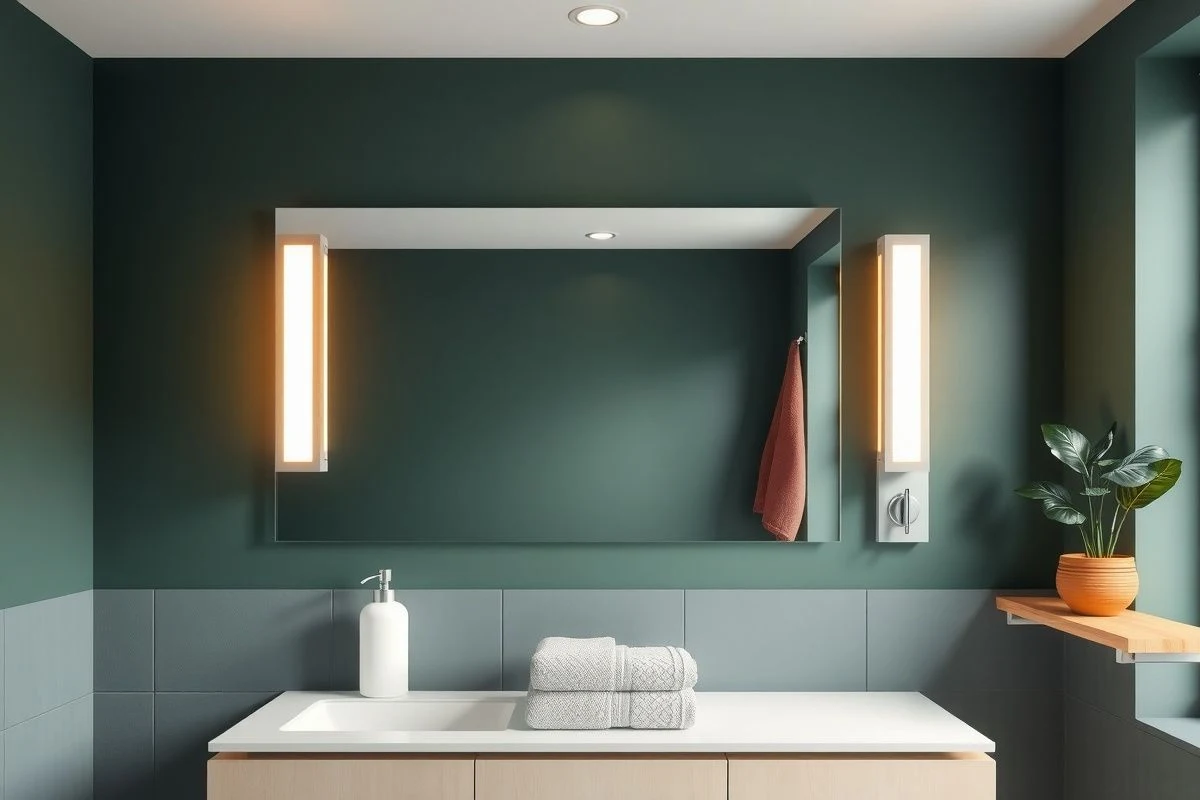 Baño verde oscuro con iluminación profesional en espejo y planta natural
