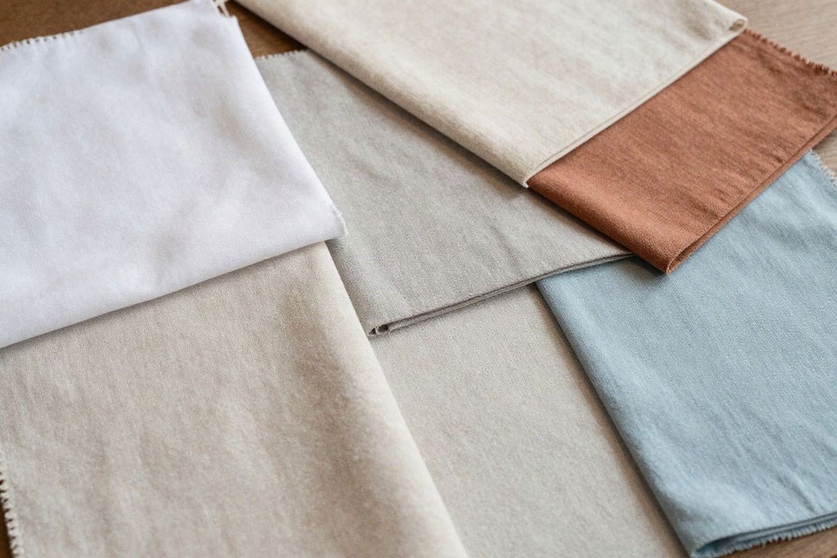 Illustrative image: linen fabric swatches in various neutral and natural tones
