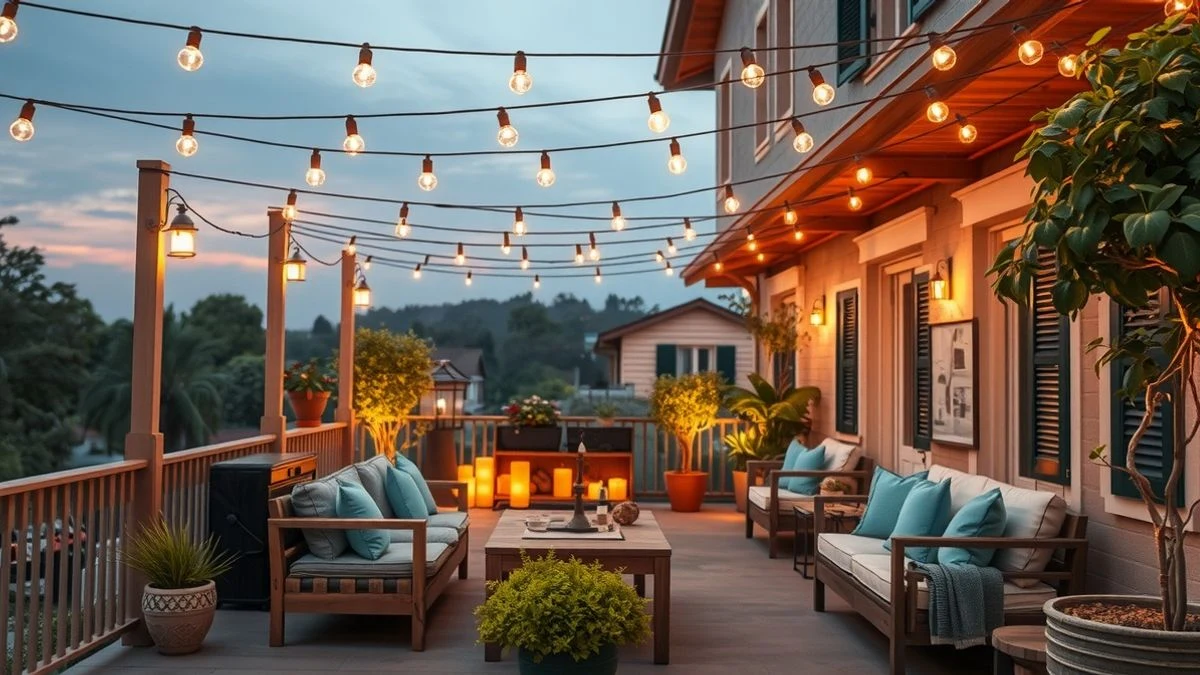 Illuminated terrace with warm garlands and ambient light at dusk