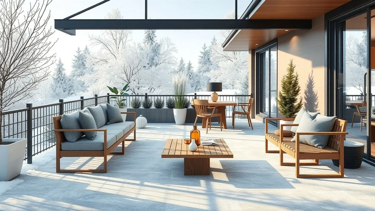 Illustrative image: modern terrace with stainless steel and wood furniture in winter