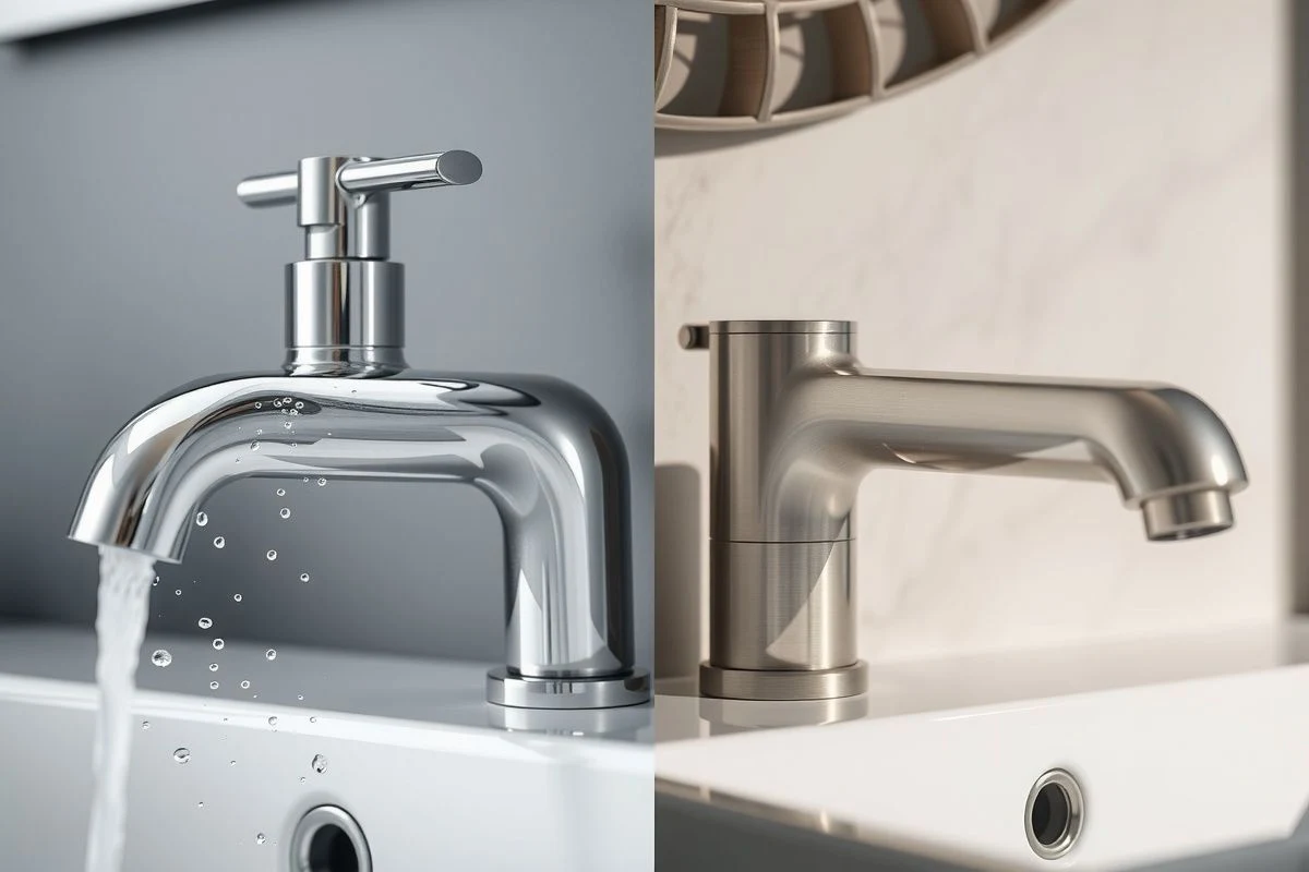 Comparación entre grifo cromado brillante y grifo mate en acabado níquel