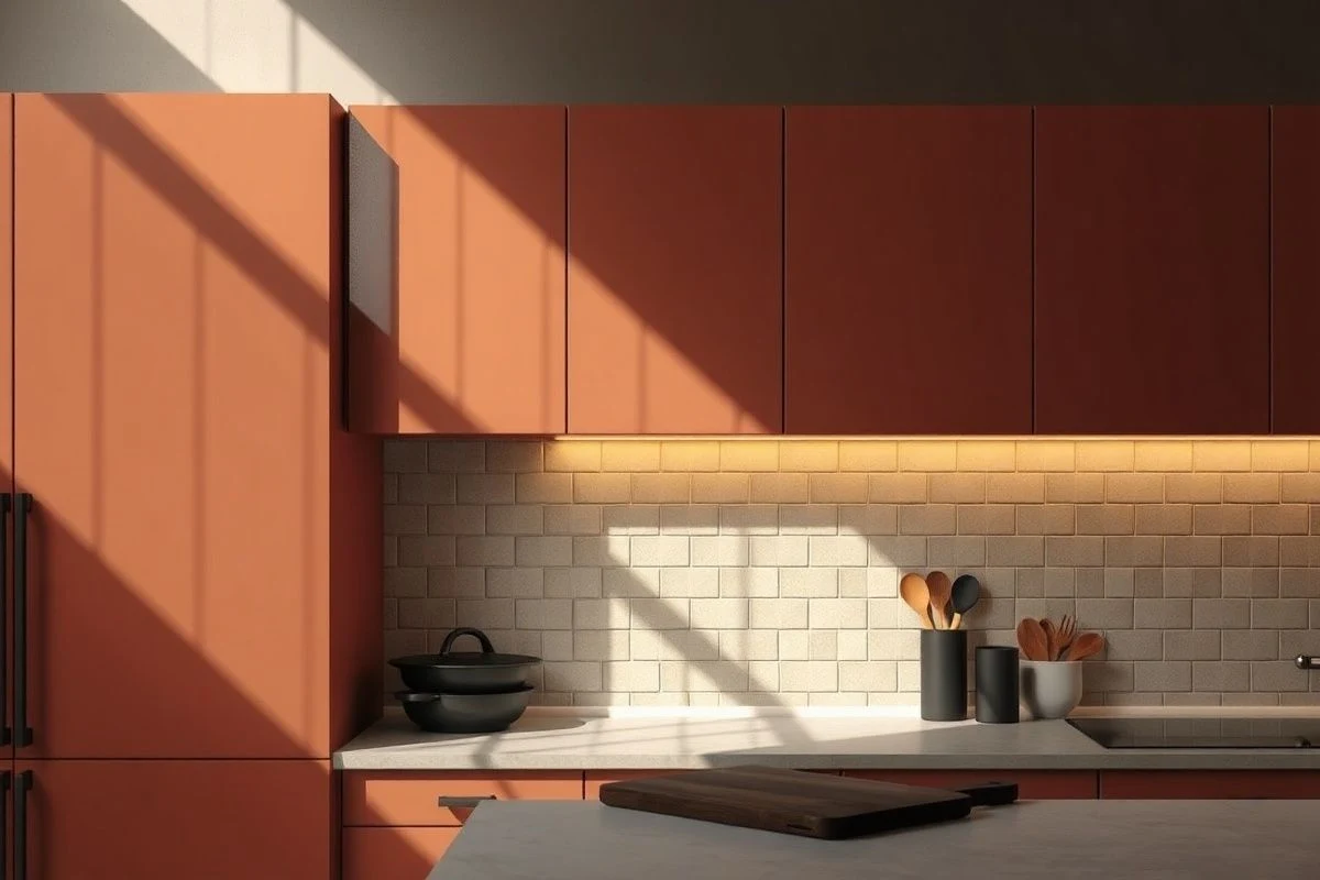 Imagen ilustrativa: Frentes de cocina en tonos terracota cálido con iluminación LED integrada y acabado mate