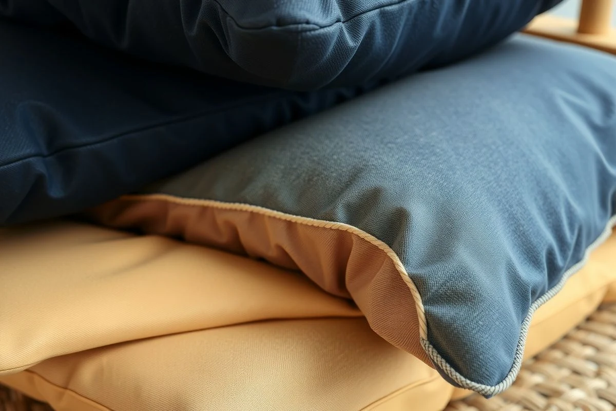 Detail of outdoor cushions in navy and gold tones on terrace chair