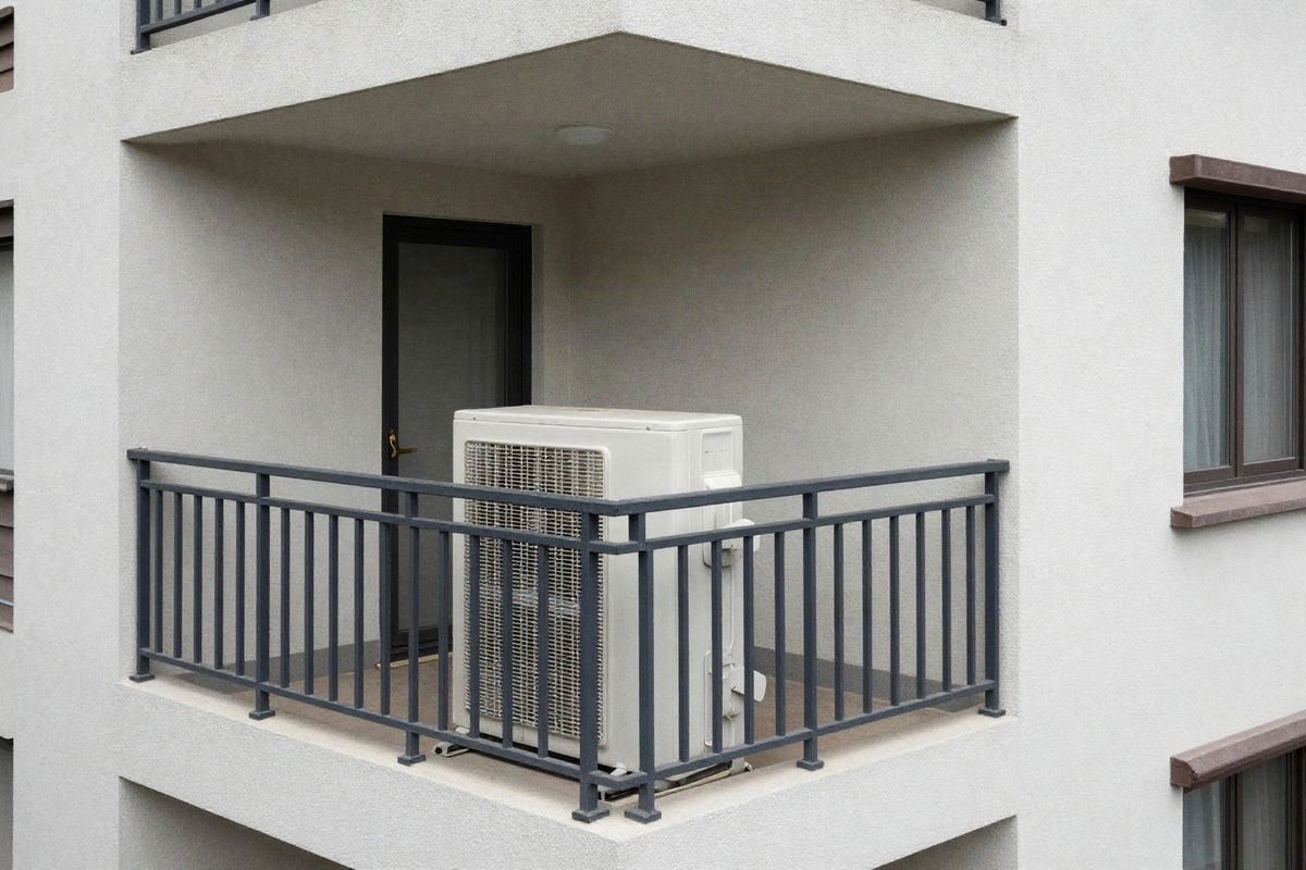 Illustrative image: outdoor air conditioning unit on apartment terrace
