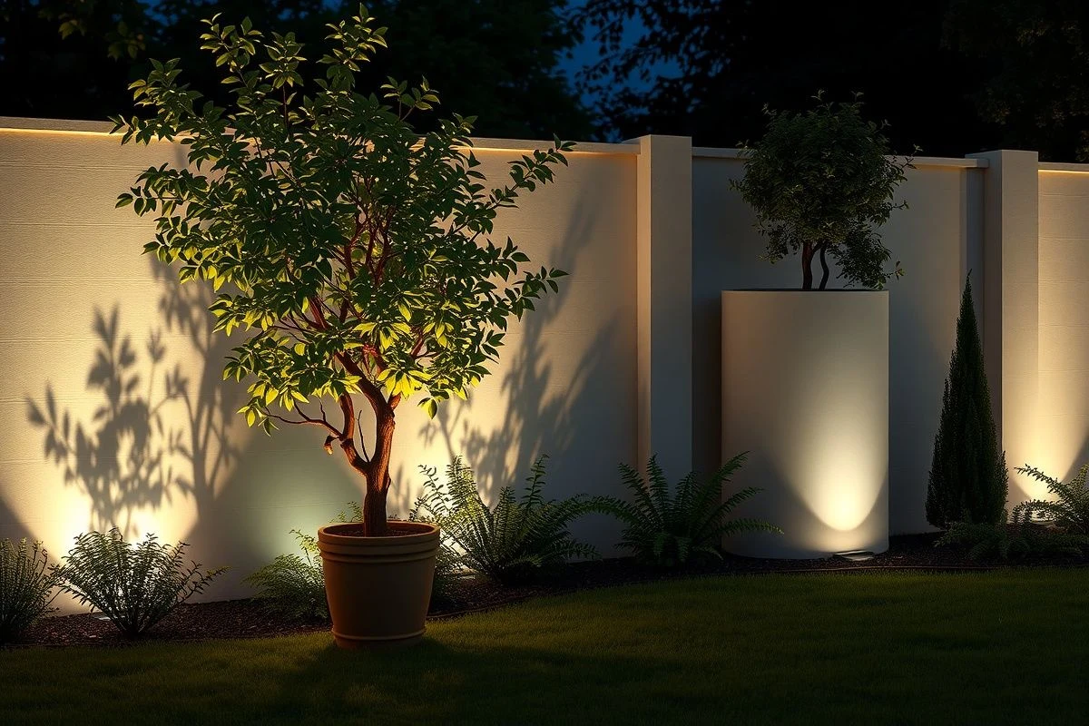 Plants illuminated with accent spotlights in nighttime garden
