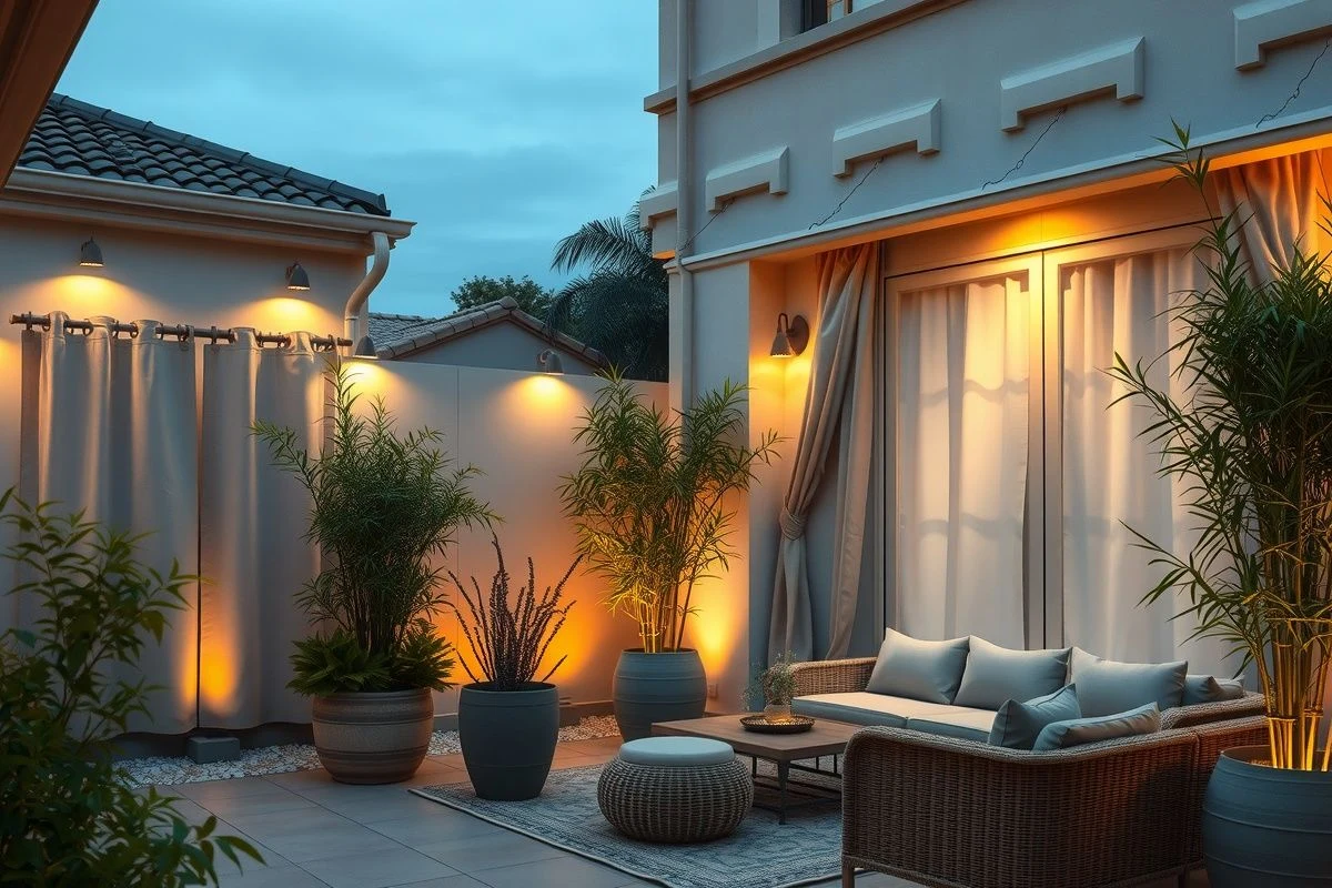 Terraza iluminada al atardecer con plantas y sofá acogedor